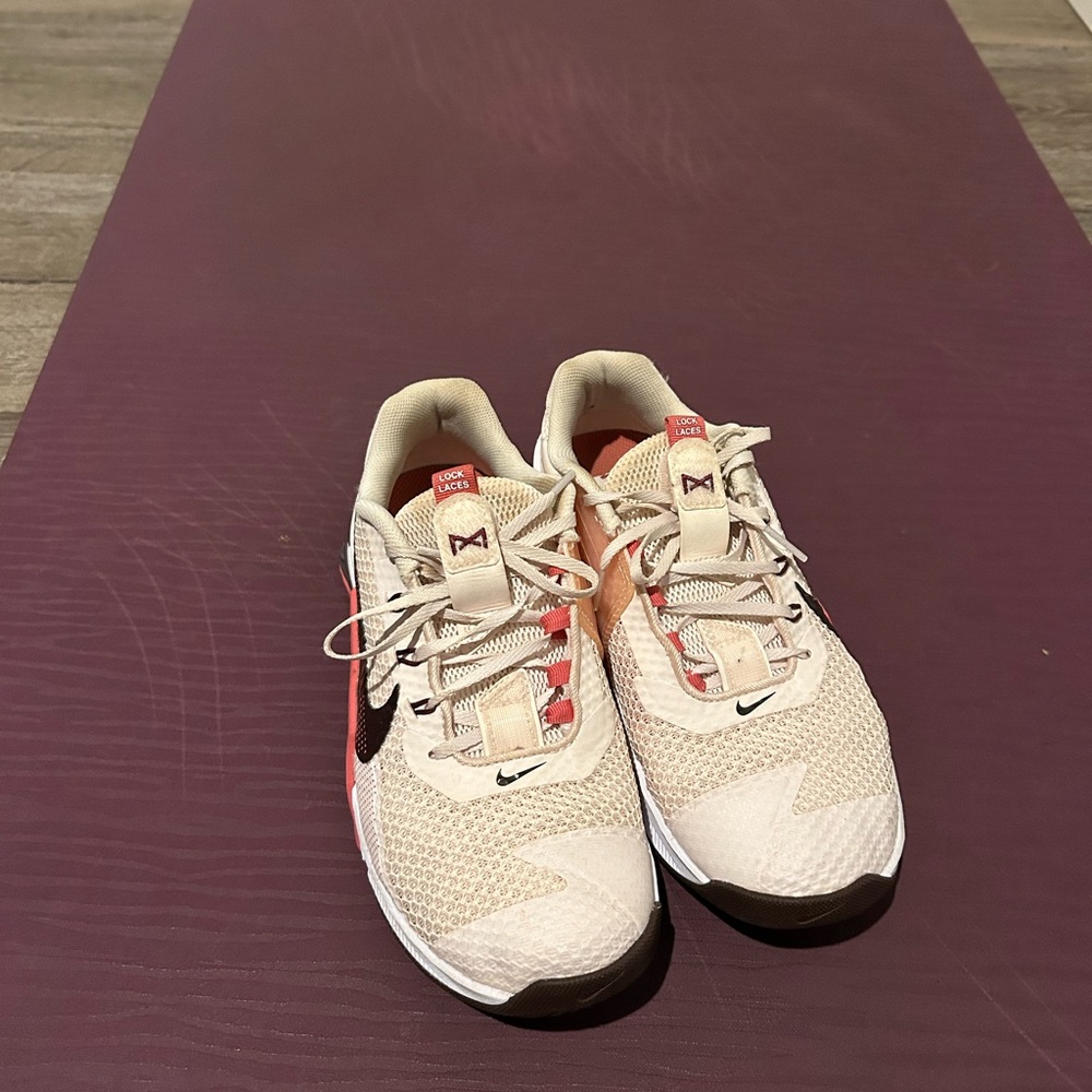 Nike Cream and Red Athletic Shoes
